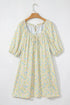 Charming Floral Print Frilled Half Sleeve U Neck A-Line Dress